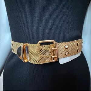 Gold tone metallic mesh double grommet skinny belt